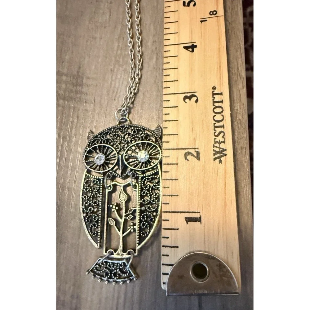 Vintage Necklace Owl Rhinestone Eyes Knocker Pendant  30